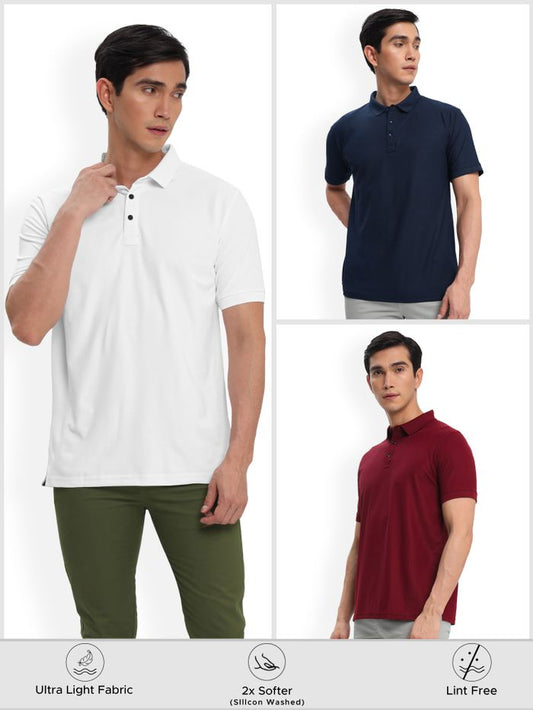 Polo T-shirt Combo Pack of 3 (Maroon, White, & Blue)